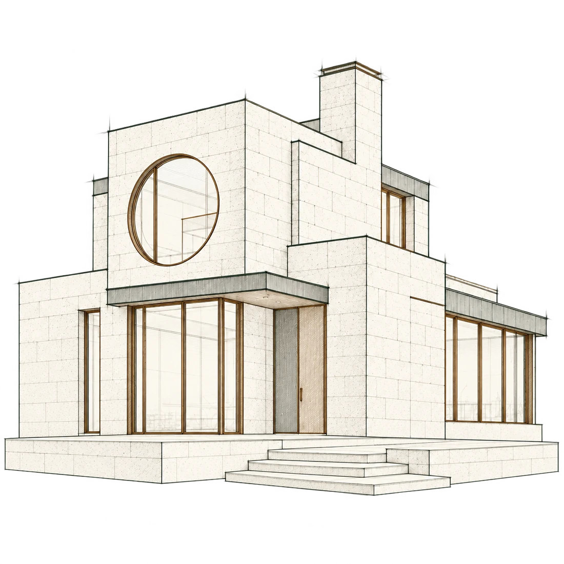 Fine-line architectural sketch of a modern stone house with a circular window.
